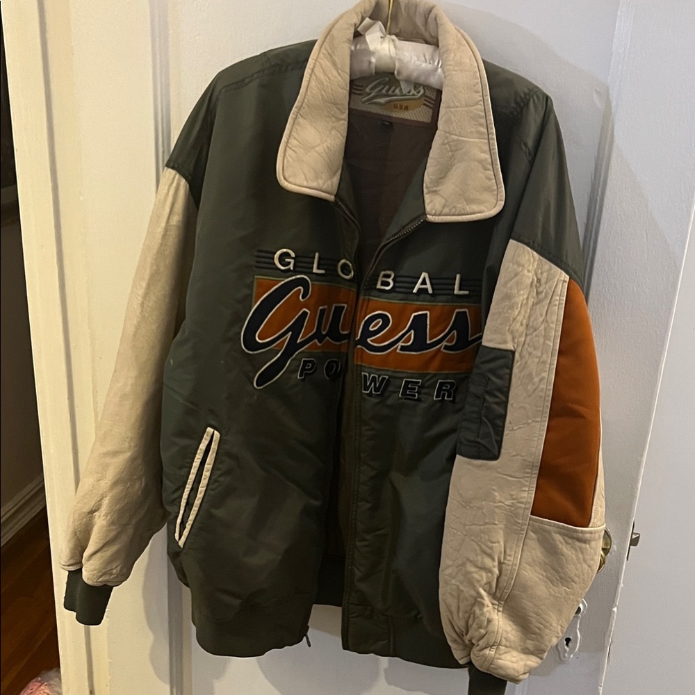 Guess Men's Olive and Beige Bomber Jacket